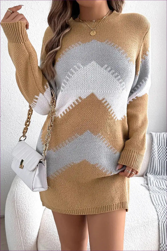 Real Shot Autumn Winter Casual Color Matching Lantern Sleeve Sweater Dress Women Clothing