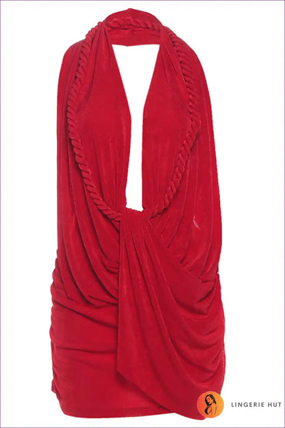 Red Draped Plunge Mini Dress with Rope Halter and Open Front for Bodycon, Clubwear, Cutout, Date Night,