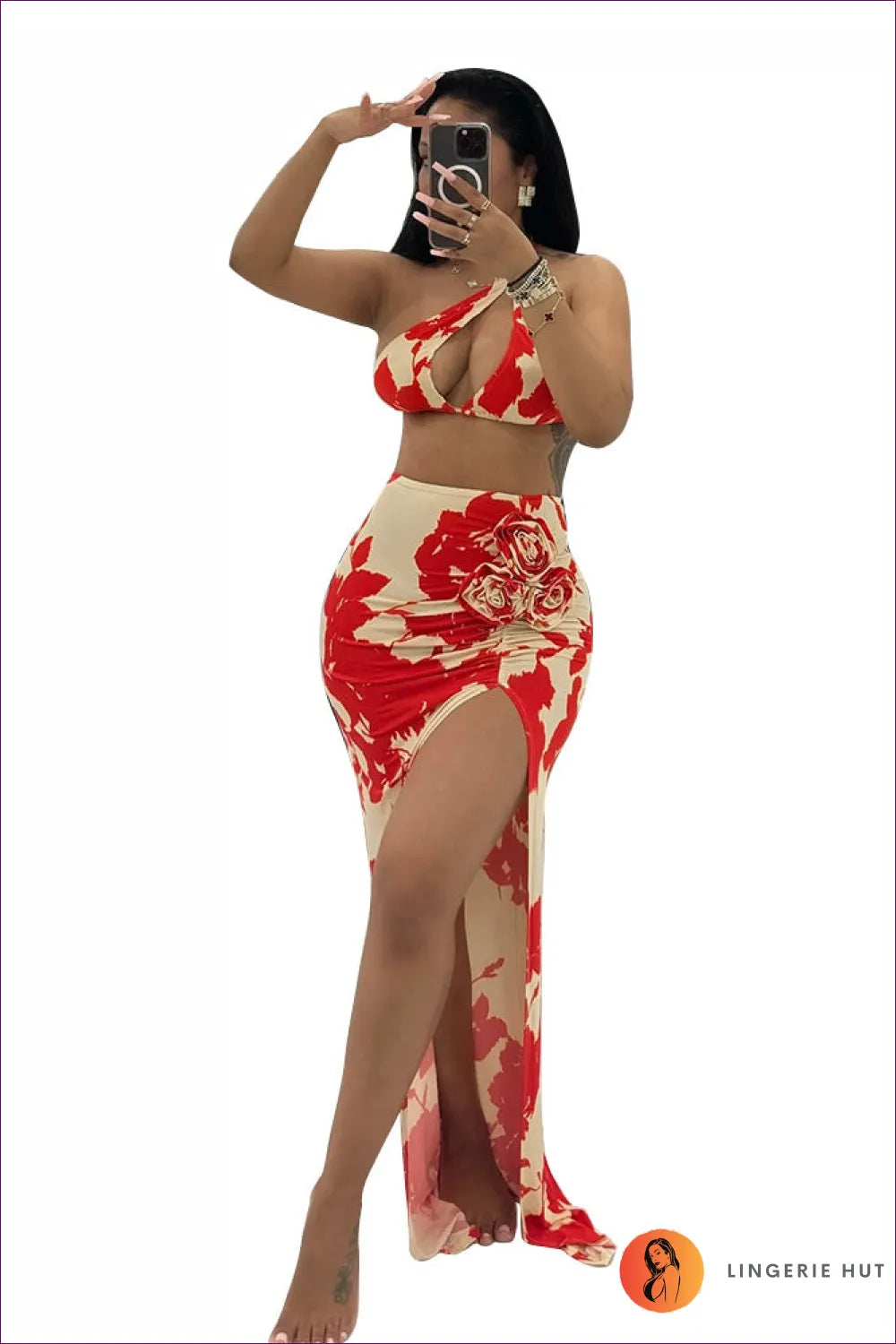 Red Floral Cutout Co-ord Set - Bold Elegance