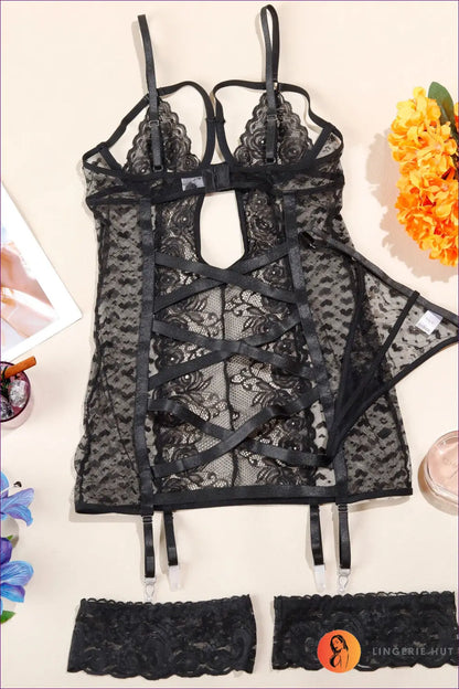 Lace Cutout Bra Set with Garter Detail - Festive Boudoir Energy - s / Black - Lingerie Hut - All Season • Bodycon
