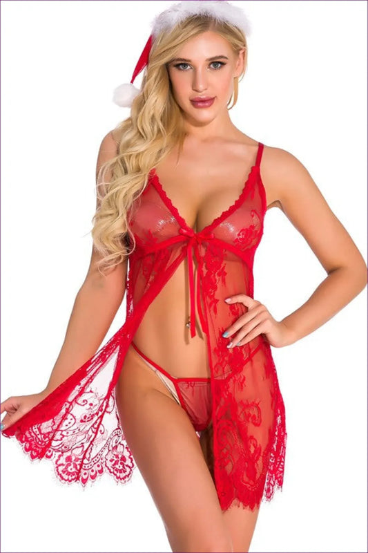 Our Red Lace Front Slit Christmas Costume Is More Than Just An Outfit; It’s a Vibe. Whether You’re At Holiday