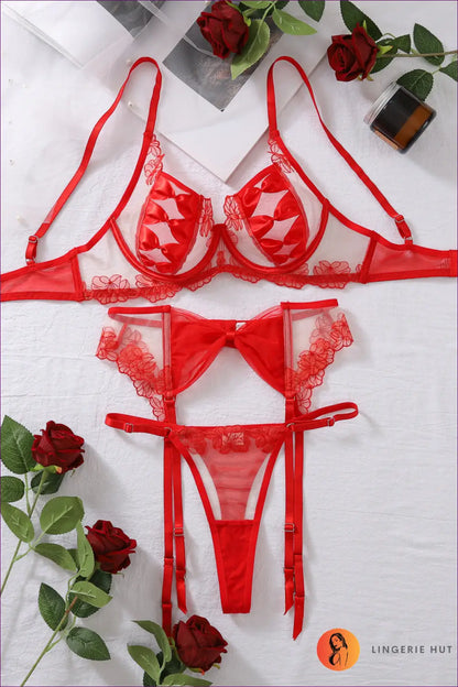 Red Lace Garter Lingerie Set - Seductive Charm For Bra Set, Date Night, Garter, Glamour, Honeymoon