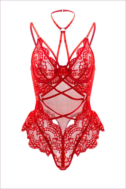 Red Lace Strappy Cutout Teddy Bodysuit - Seduction Lingerie for Bodysuit, Boudoir, Cutout, Halter,