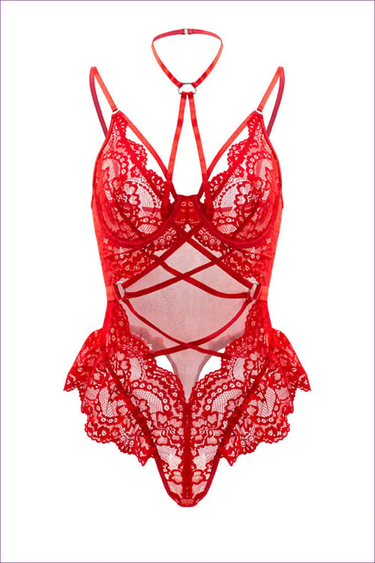 Red Lace Strappy Cutout Teddy Bodysuit - Seduction Lingerie for Bodysuit, Boudoir, Cutout, Halter,