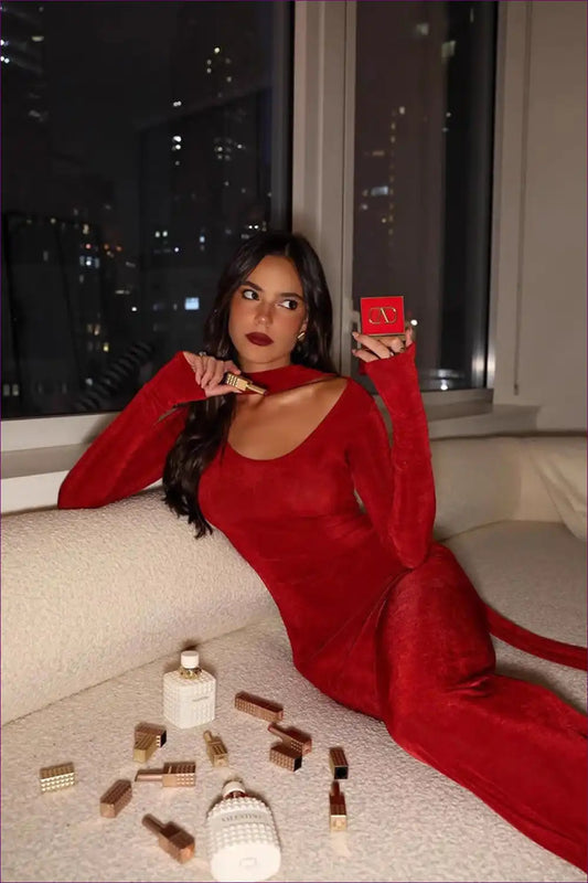 Red Long Sleeve Maxi Dress with Scarf Neck Detail for Autumn, Bodycon, Date Night, Dresses, Evening Wear