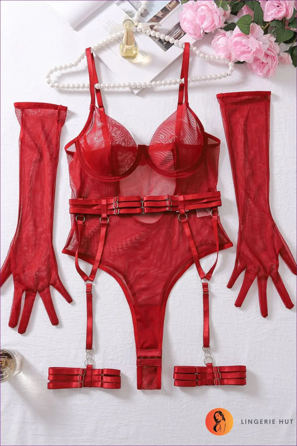 Red Mesh Bodysuit with Garter Straps ?? Sultry Elegance & Sheer Glam for Date Night, Garter, Glamour,