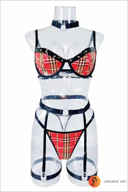 Red Plaid Strappy Lingerie Set - Bold & Playful for Bra Set, Glamour, Latex, Leather,