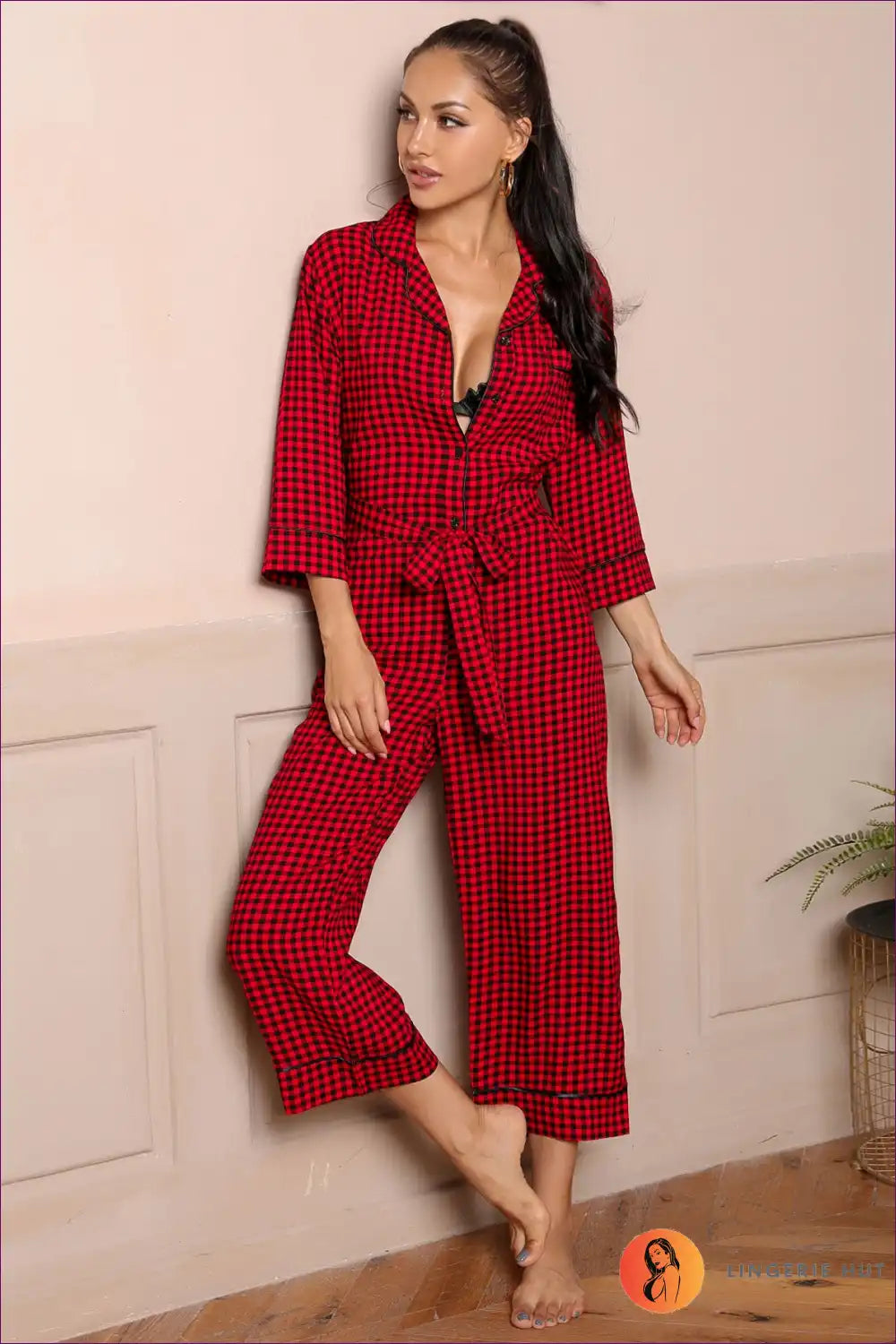 Step Into The Season With Our Red Plaid V-neck Jumpsuit. Featuring Three-quarter Length Sleeves And a Belted