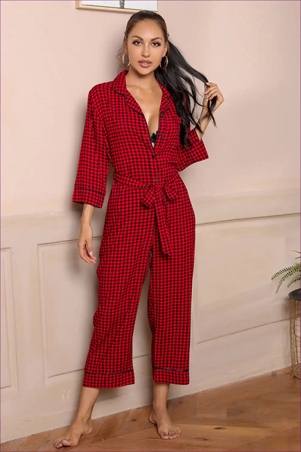 Step Into The Season With Our Red Plaid V-neck Jumpsuit. Featuring Three-quarter Length Sleeves And a Belted