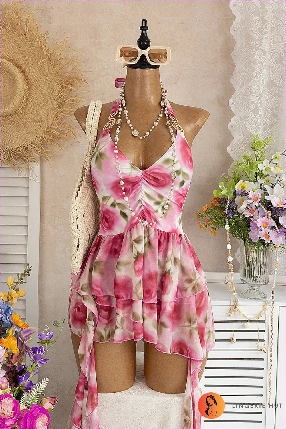 Red Ruched Floral Beach Dress with Tiered Ruffle Hem - Sunset Getaway - s / Casual • Dresses • Everyday