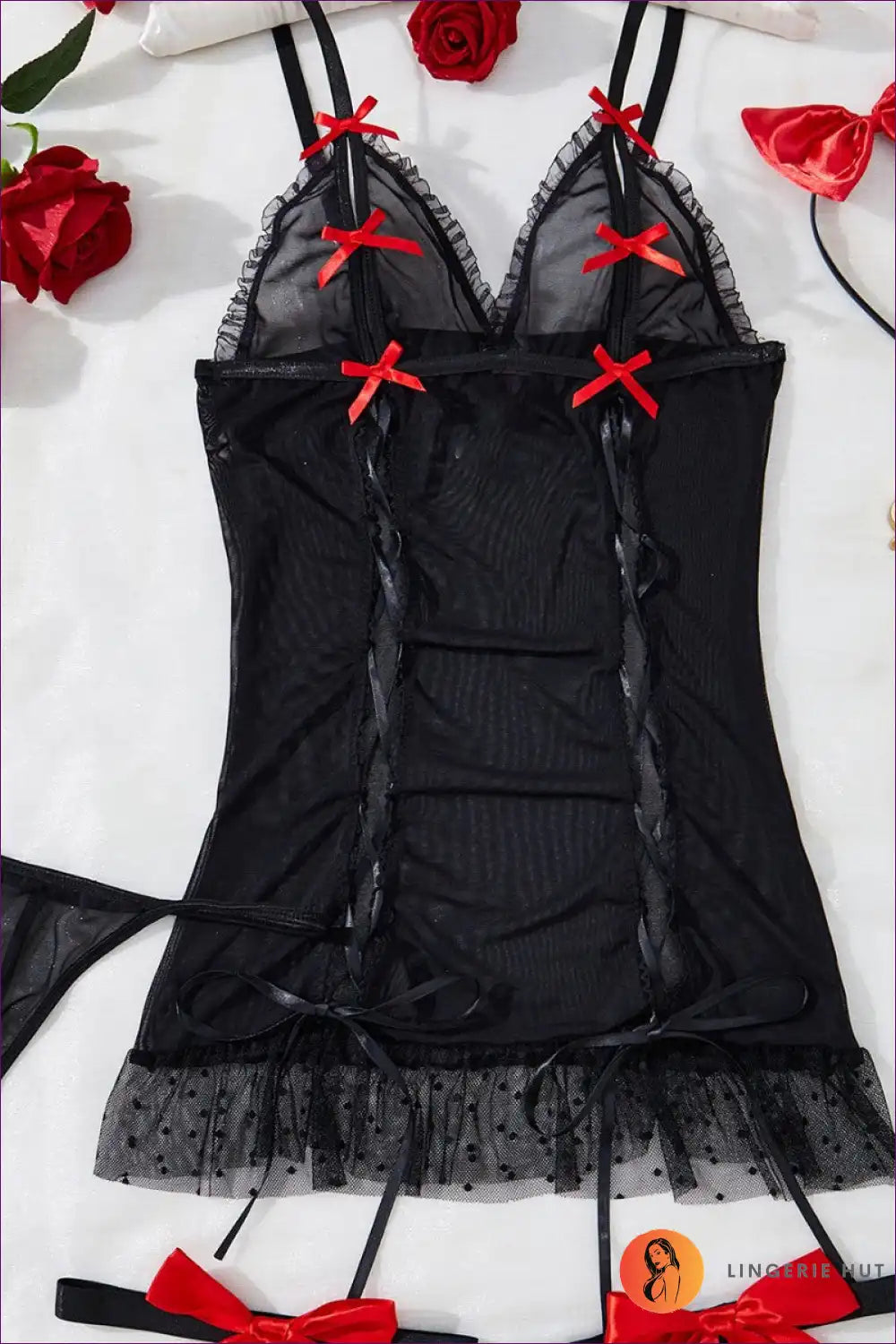 Red Satin Lace-up Babydoll Dress with White Bows and Ruffle Hem for Babydoll, Boudoir, Date Night, Dresses,