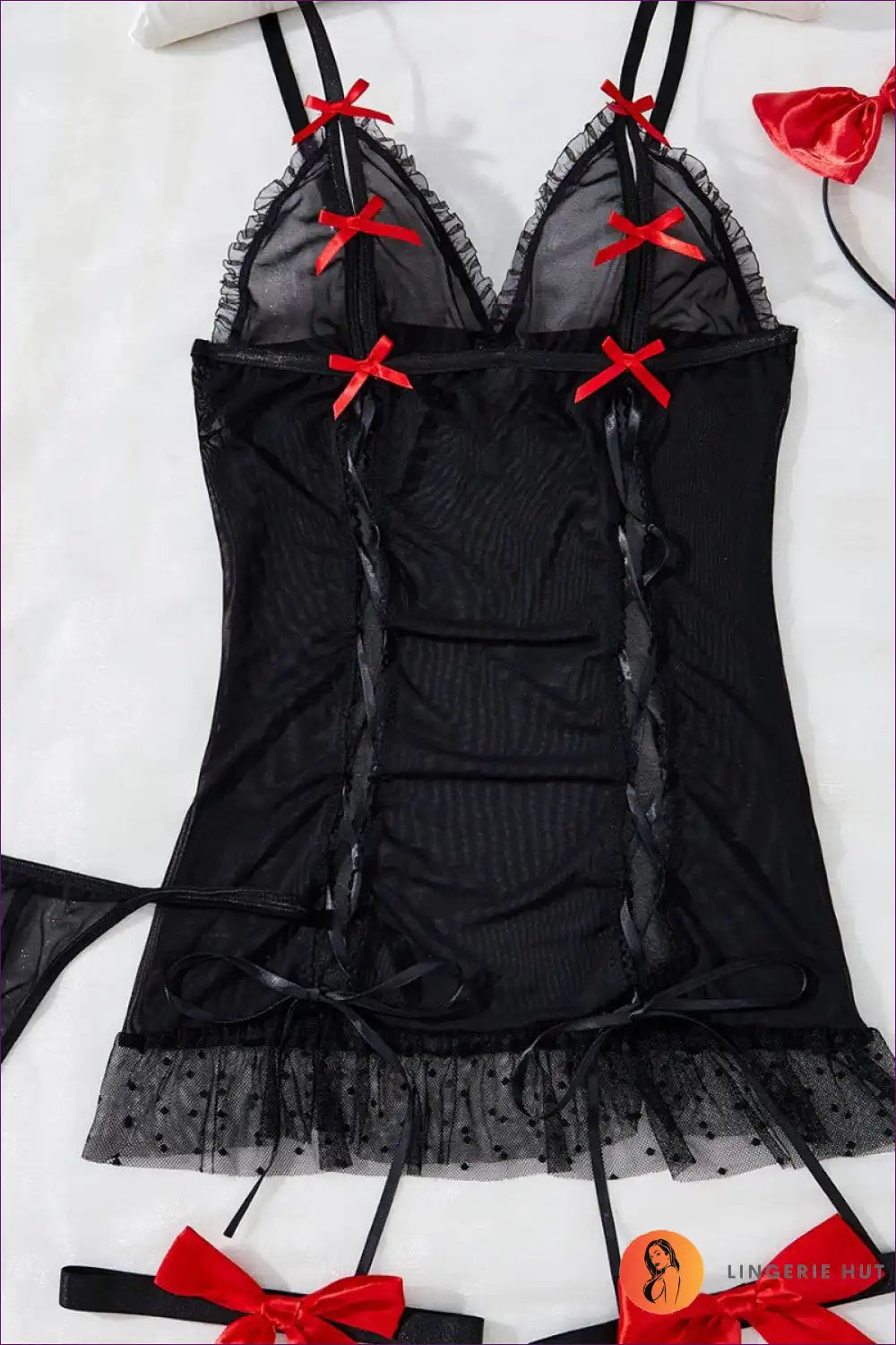 Red Satin Lace-up Babydoll Dress with White Bows and Ruffle Hem for Babydoll, Boudoir, Date Night, Dresses,