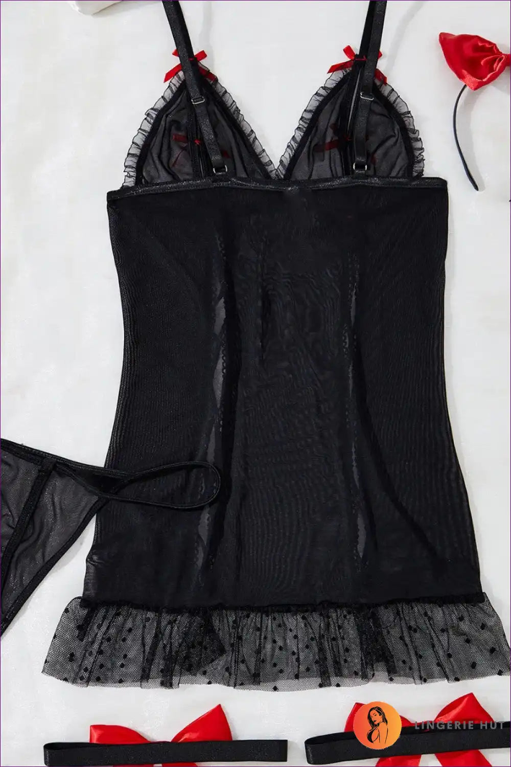 Red Satin Lace-up Babydoll Dress with White Bows and Ruffle Hem for Babydoll, Boudoir, Date Night, Dresses,