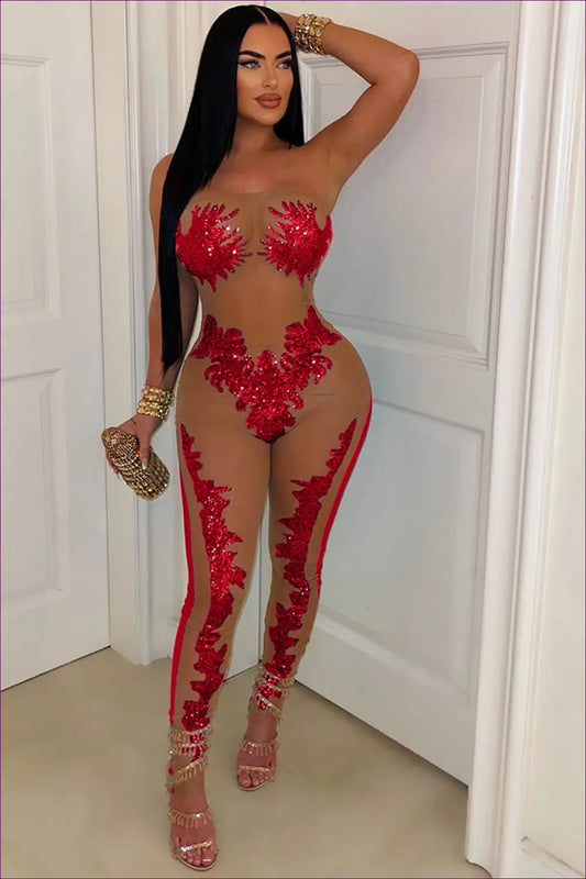 Red Sequin Sheer Bodysuit - Glamorous & Daring for Bodysuit, Clubwear, N, Night Out, Party