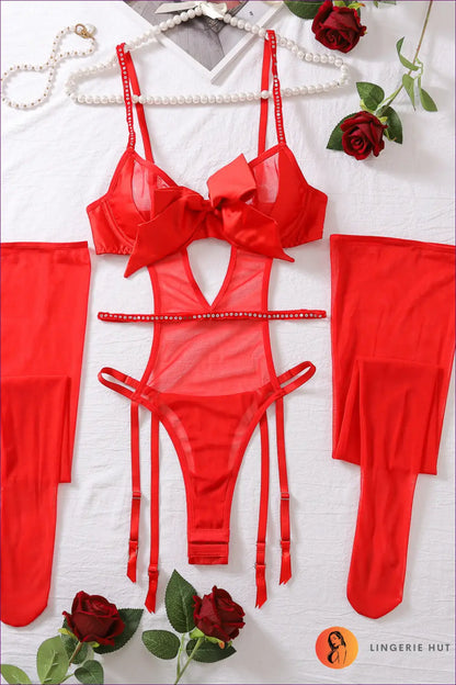 Red Sheer Bow-detail Lingerie Set ?? Unwrap your Desires for Boudoir, Cutout, Garter, Honeymoon,