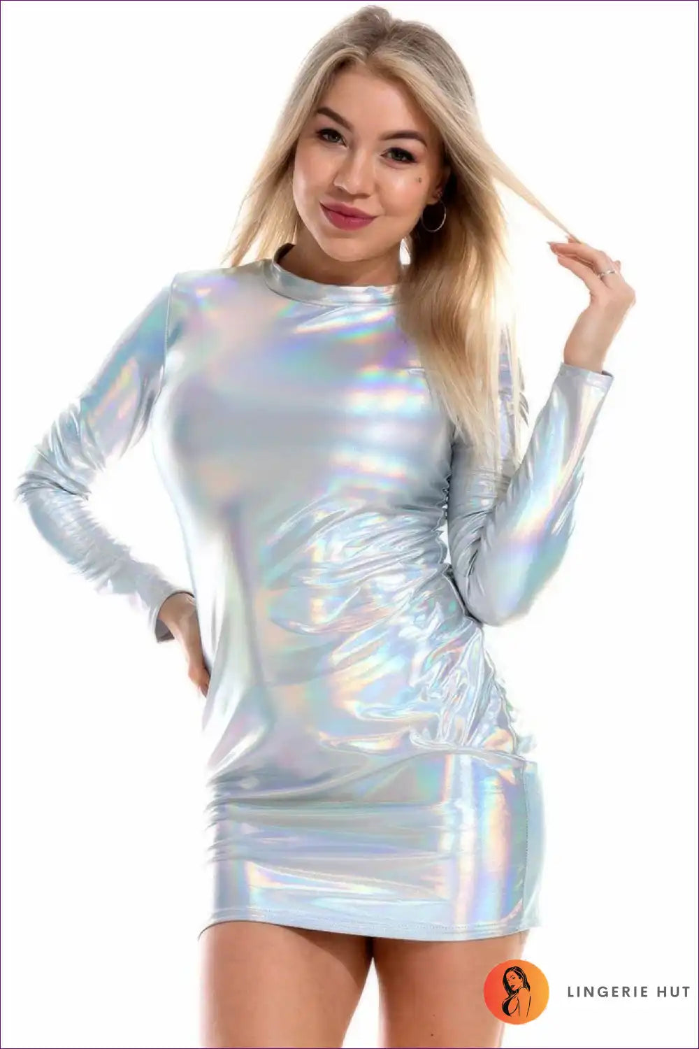 Reflective Holographic Turtleneck Bodycon Mini Dress for Bodycon, Clubwear, Metallic, Mini, Night