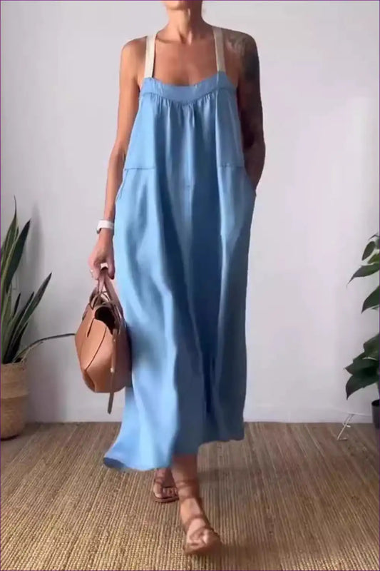 Relaxed Blue Maxi Dress with Wide Straps ?? Effortless Comfort for Boho, Casual, Cotton, Dress, Glamour