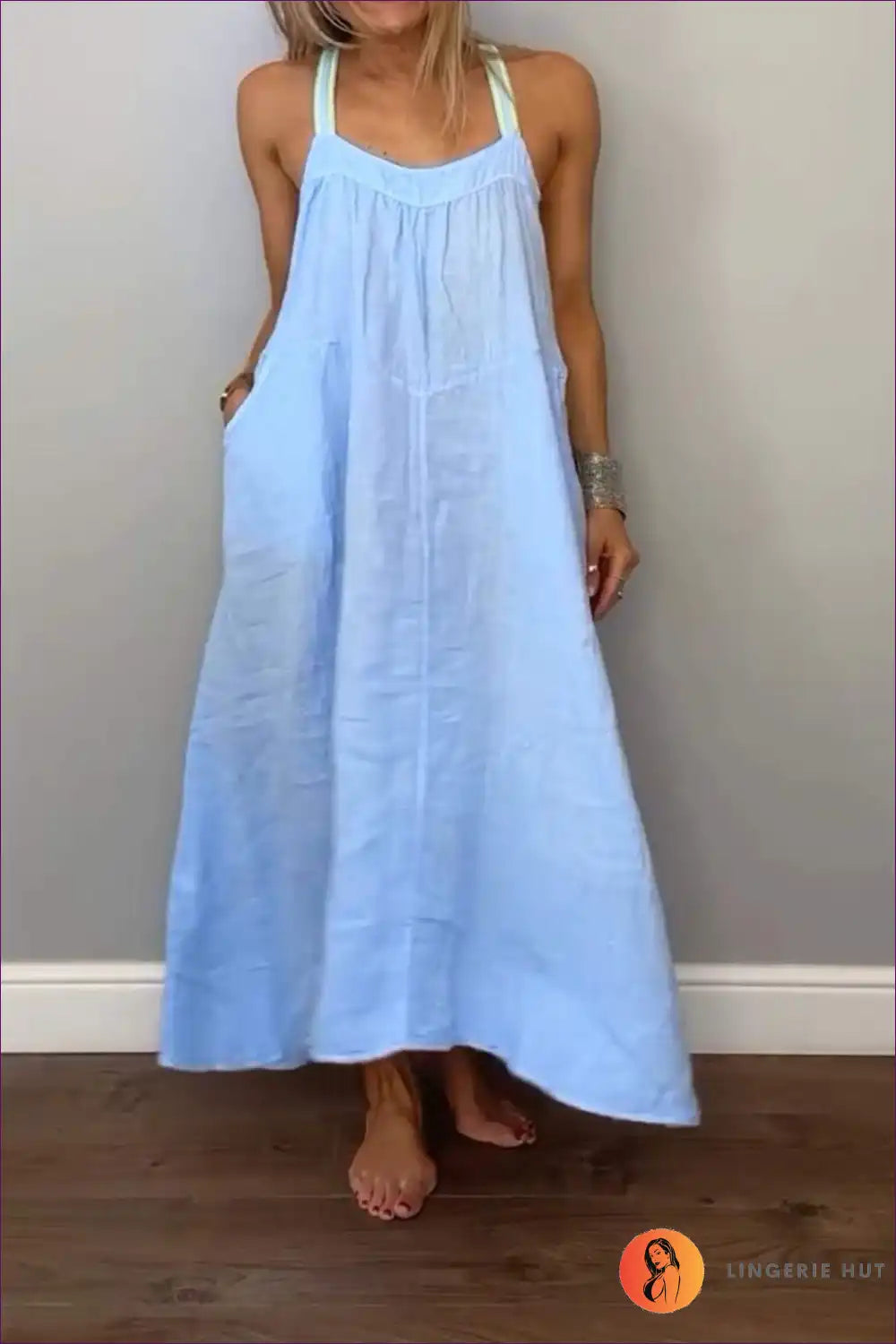 Relaxed Blue Maxi Dress with Wide Straps ?? Effortless Comfort for Boho, Casual, Cotton, Dress, Glamour