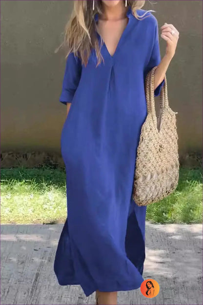 Relaxed Maxi Dress with Linen Blend - Effortless Elegance - s / Blue - Dresses - Lingerie Hut - A-line • All Season
