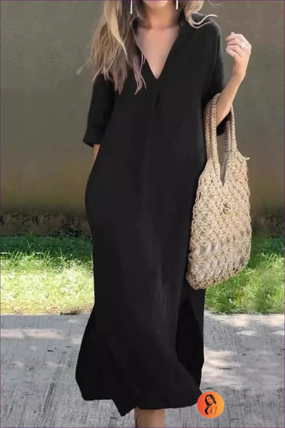 Relaxed Maxi Dress with Linen Blend - Effortless Elegance - s / Black - Dresses - Lingerie Hut - A-line • All Season