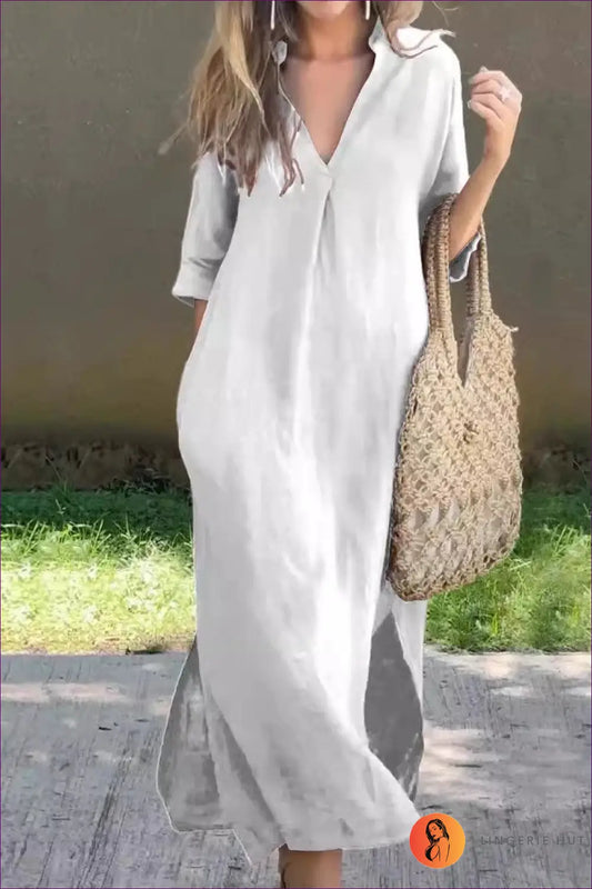 Relaxed Maxi Dress with Linen Blend - Effortless Elegance - s / White - Dresses - Lingerie Hut - A-line • All Season