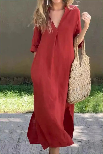 Relaxed Maxi Dress with Linen Blend - Effortless Elegance - s / Red - Dresses - Lingerie Hut - A-line • All Season