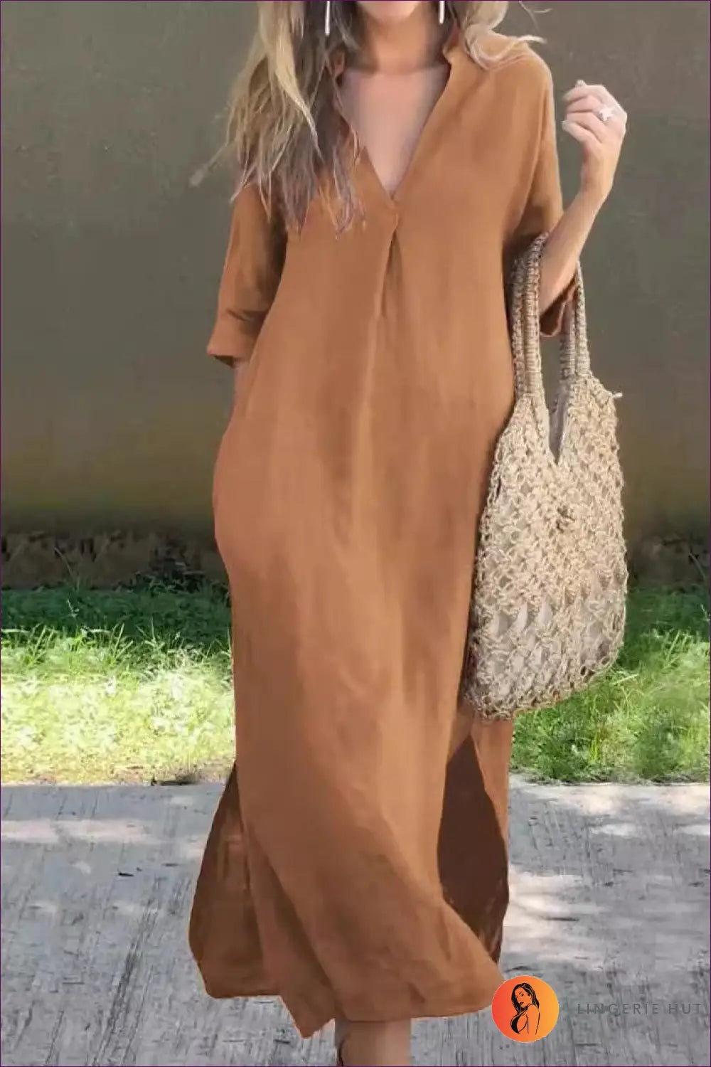 Relaxed Maxi Dress with Linen Blend - Effortless Elegance - s / Khaki - Dresses - Lingerie Hut - A-line • All Season