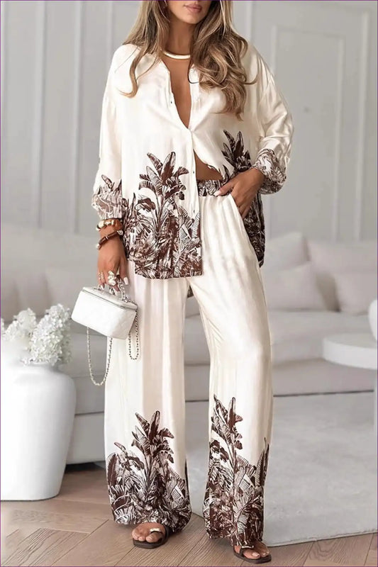 Relaxed Printed Shirt and Wide Leg Trousers Set for Casual, co Ord, Everyday, Loungewear, Polyester
