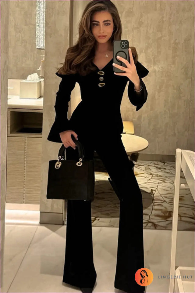 Retro Co Ord V-Neck Set - Effortless Elegance