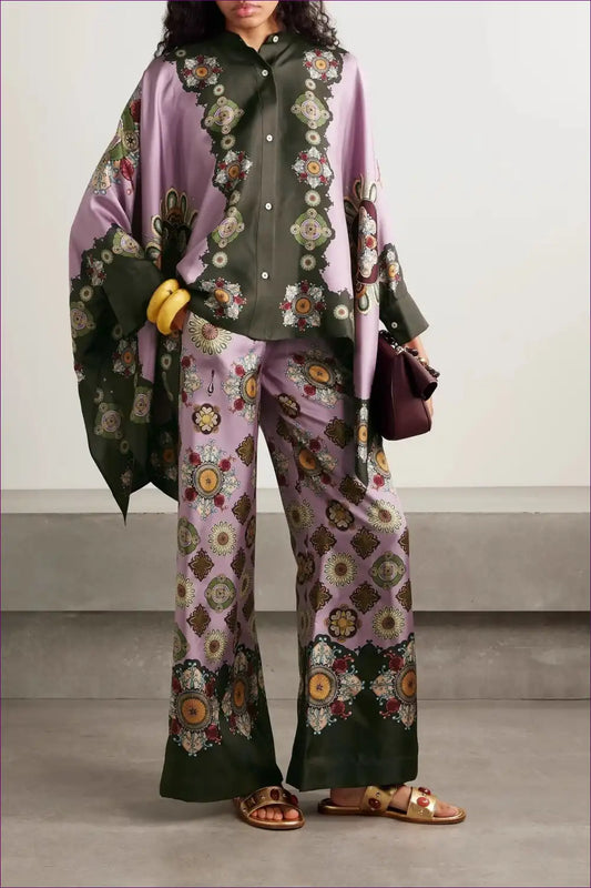 Retro Printed Satin Top & Wide-leg Trousers Two-piece Set for Casual, Everyday, Loungewear, Retro, Satin