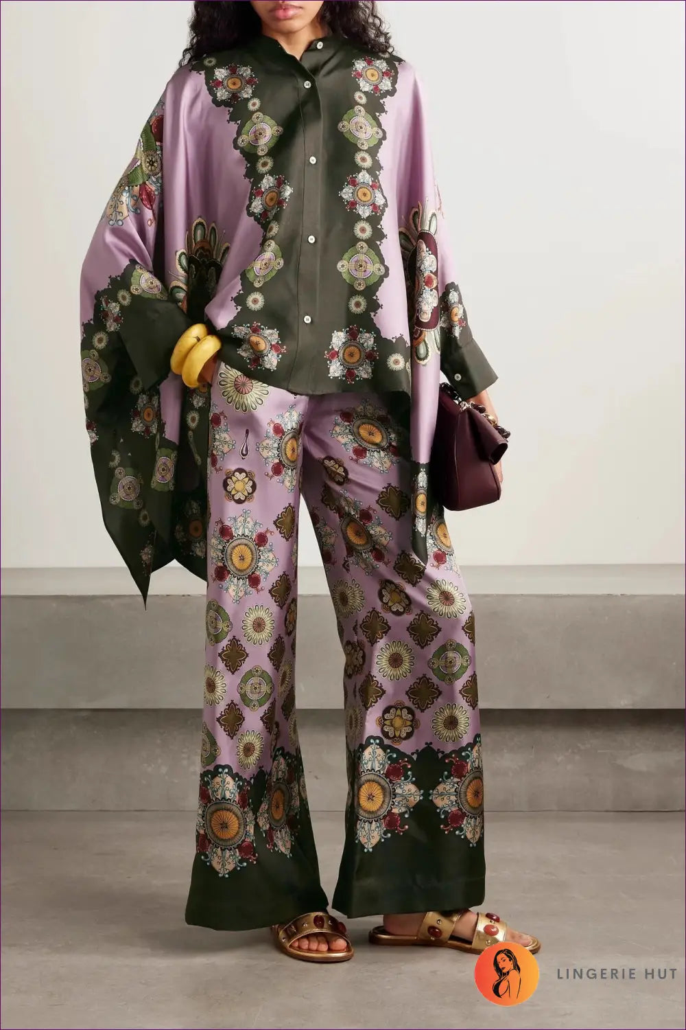 Retro Satin co Ord Set with Wide-leg Trousers - Effortless Elegance - s / Multi - Lingerie Hut - Casual • Everyday