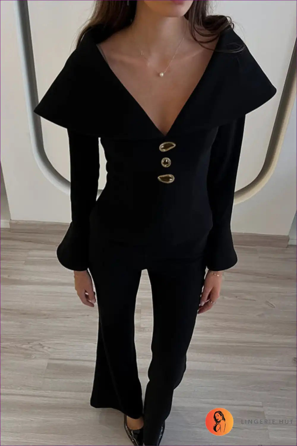 Retro V-neck Set Bell Bottom - Elegant Two-piece Ensemble for Autumn, Casual, Evening Wear, just In, Polyester