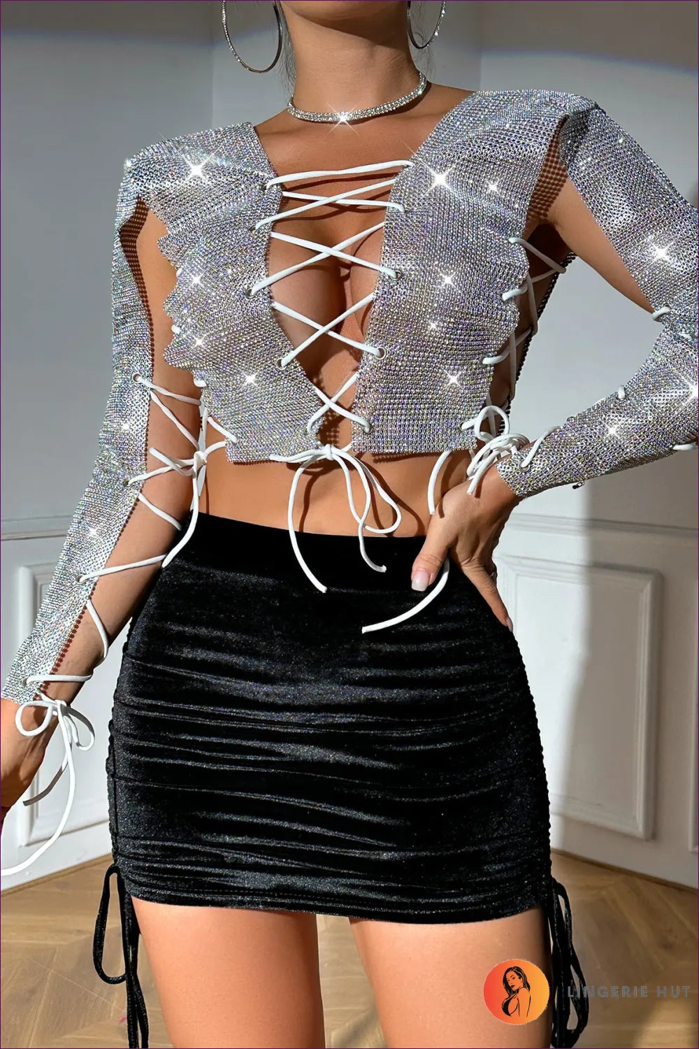 Step Into The Spotlight With Lingerie Hut’s Rhinestone Backless Crop Top. Its Captivating Sparkle And Bold
