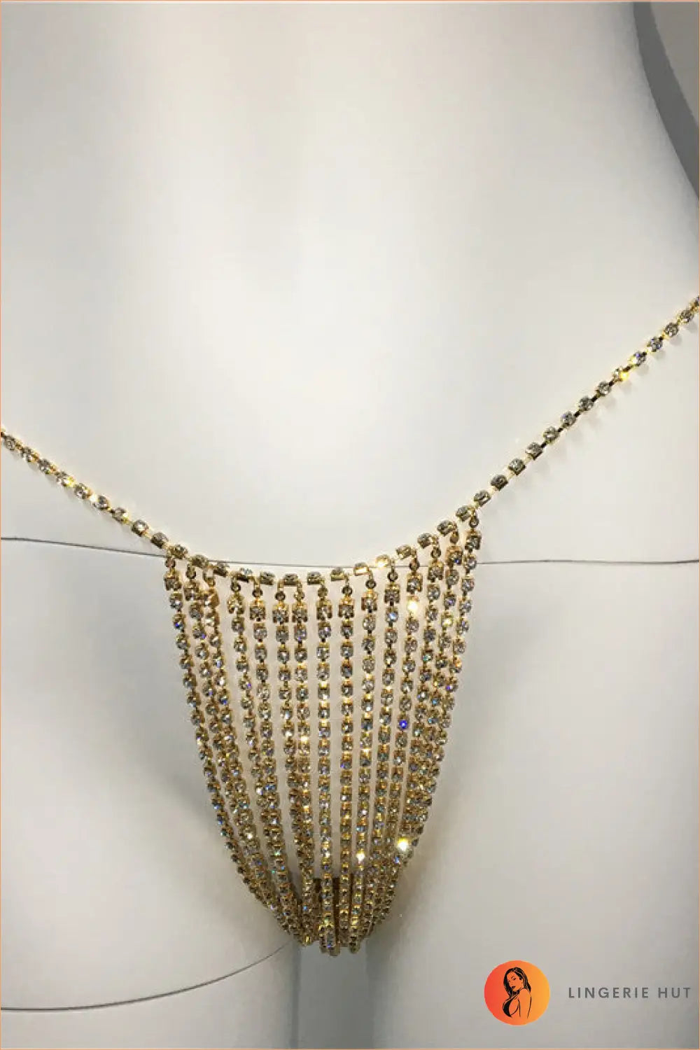 Rhinestone Body Chain Thong with Fringe - After Dark - one Size / Gold - Boudoir • Date Night • Glamour