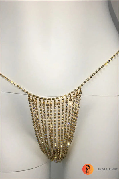 Rhinestone Body Chain Thong with Fringe - After Dark - one Size / Gold - Boudoir • Date Night • Glamour