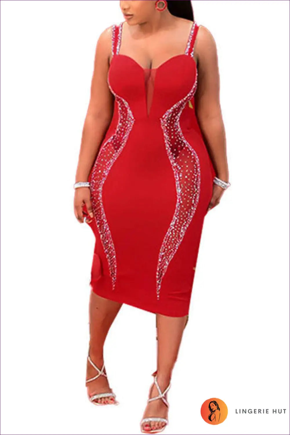 Rhinestone Bodycon Midi Dress - Evening Glamour Edit - s / Red - Dresses - Cutout • Evening Wear • Formal - Lingerie Hut