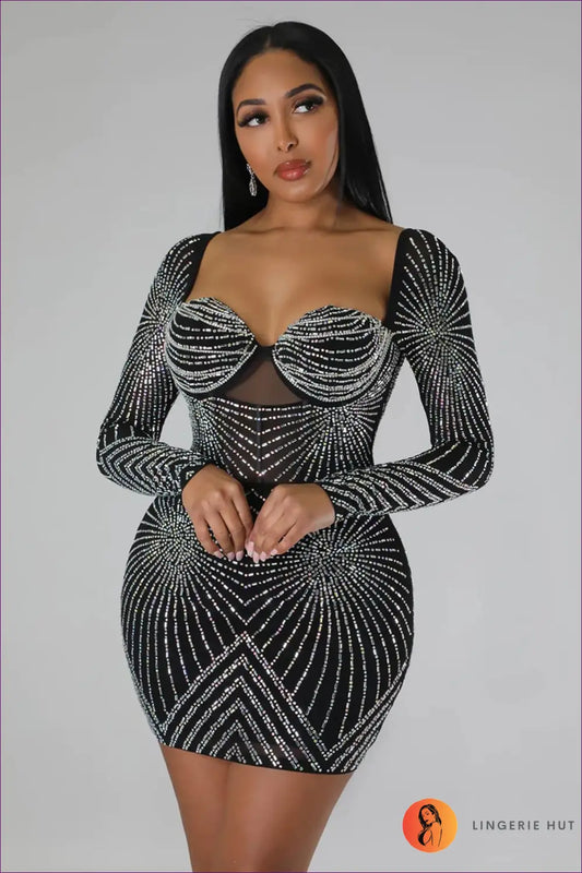 Rhinestone Bodycon Mini Dress - Spotlight Evenings Await - Dresses - Lingerie Hut - Cutout • Evening Wear • Fishnet