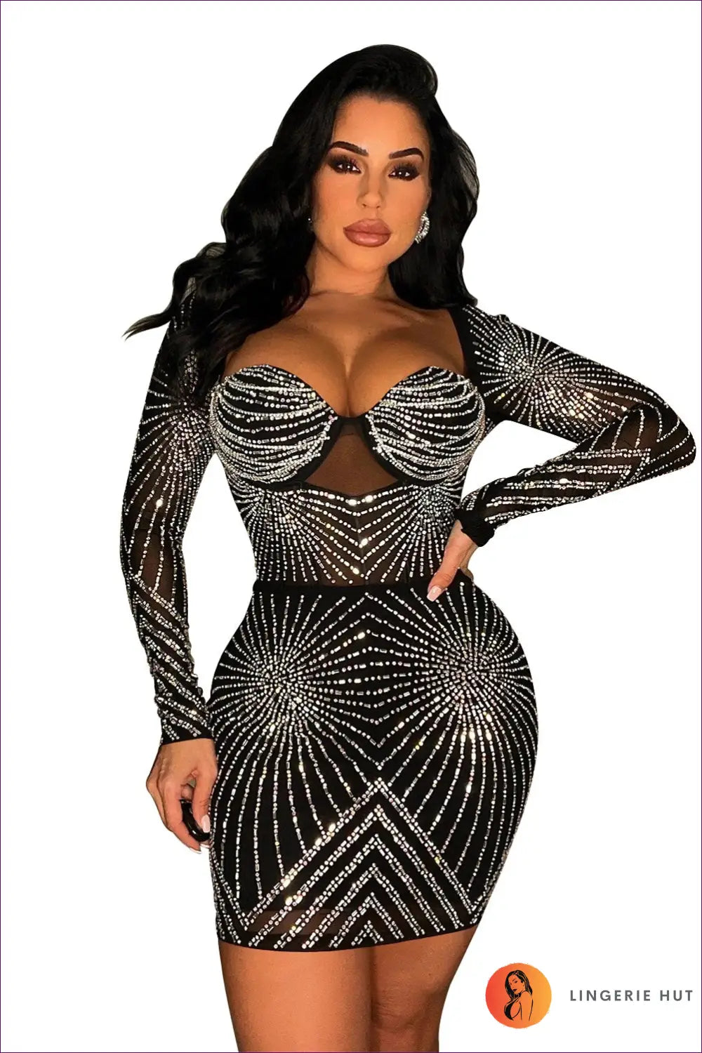 Rhinestone Bodycon Mini Dress - Spotlight Evenings Await - s / Black - Dresses - Lingerie Hut - Cutout • Evening Wear