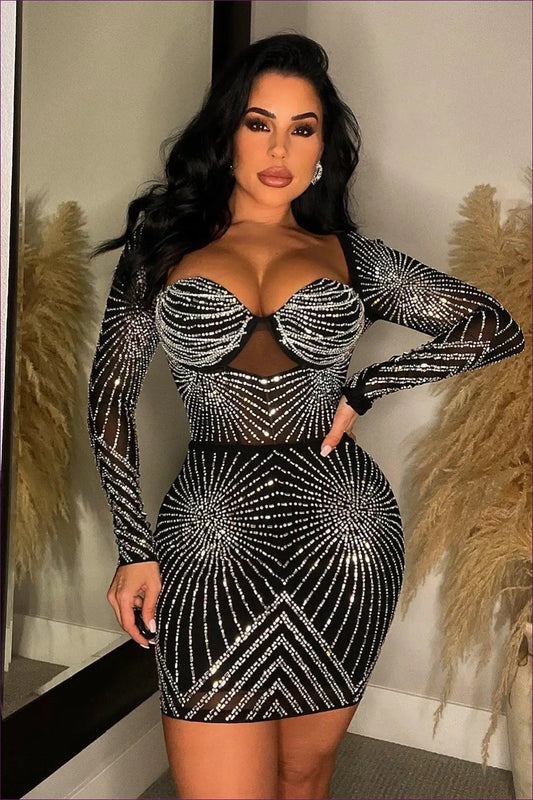 Rhinestone Bodycon Mini Dress - Spotlight Evenings Await - Dresses - Lingerie Hut - Cutout • Evening Wear • Fishnet