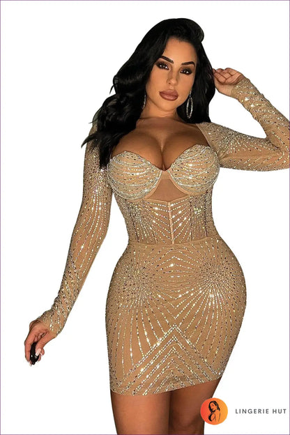 Rhinestone Bodycon Mini Dress - Spotlight Evenings Await - s / Apricot - Dresses - Lingerie Hut - Cutout • Evening Wear