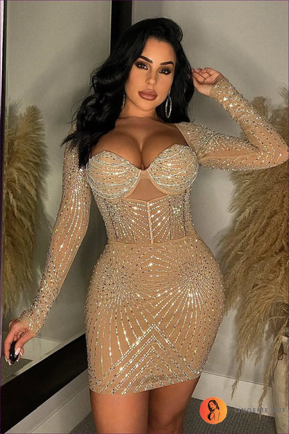 Rhinestone Bodycon Mini Dress - Spotlight Evenings Await - Dresses - Lingerie Hut - Cutout • Evening Wear • Fishnet