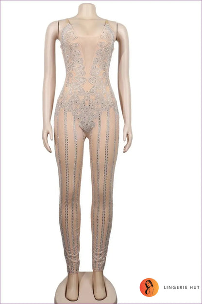 Dazzle And Sizzle In Our Rhinestone Crystal Sheer Skinny Jumpsuit. Designed For The Glamorous Woman Who Isn’t