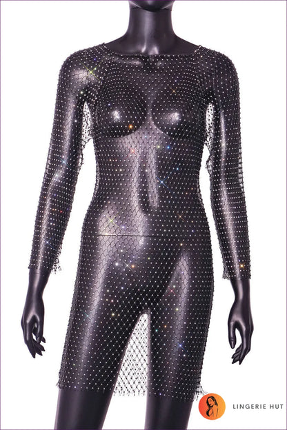 Elevate Your Evening Wardrobe With Lingerie Hut’s Rhinestone Sexy Light Diamond Black Fishnet Mini Dress -