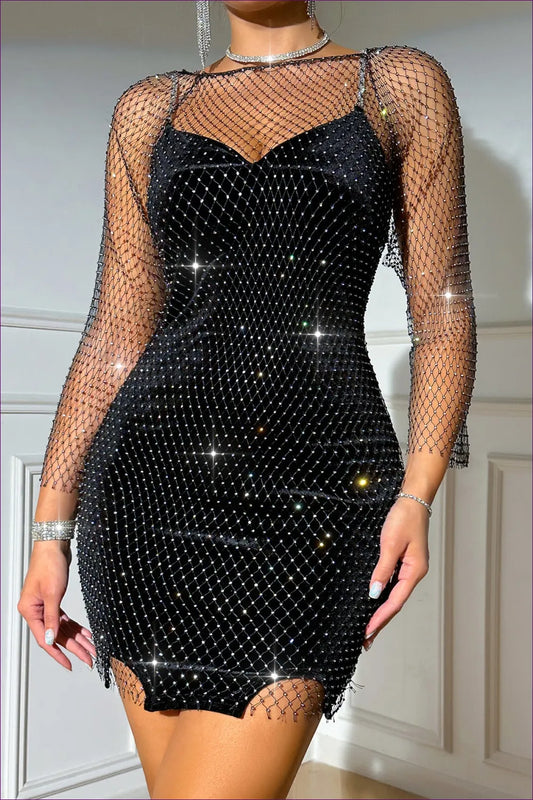Elevate Your Evening Wardrobe With Lingerie Hut’s Rhinestone Sexy Light Diamond Black Fishnet Mini Dress -
