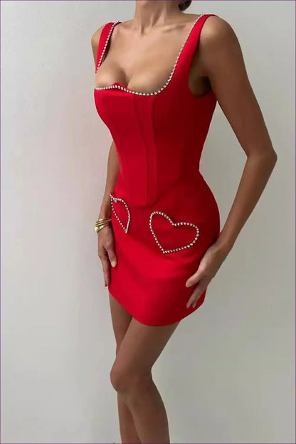 Rhinestone-embellished Red Corset Dress - Bold & Glamorous for All Season, Corset, Dress, Glamour, Mini