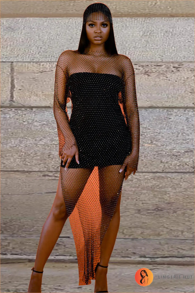 Rhinestone Fishnet Maxi Dress - After-Dark Glamour