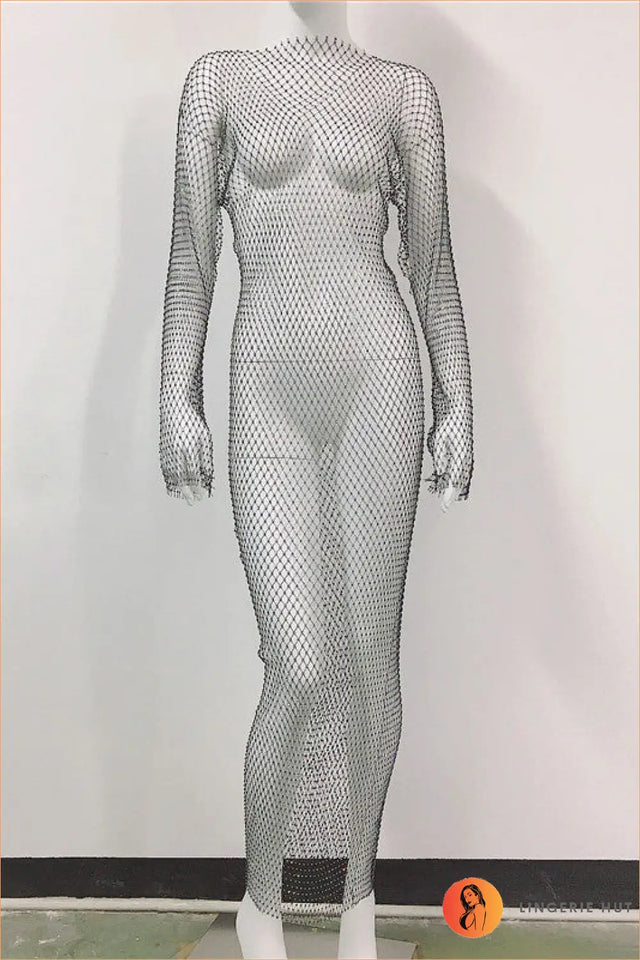 Rhinestone Fishnet Maxi Dress - After-Dark Glamour