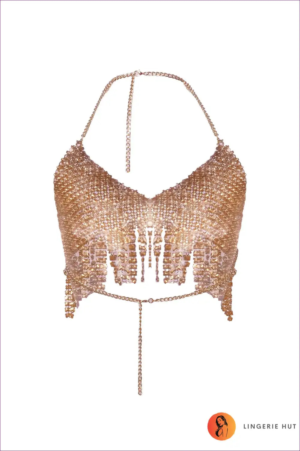Rhinestone Halter Crop Top with Fringe - Night-out Glam Energy for Backless, Clubwear, Crop, Cutout, Glamour