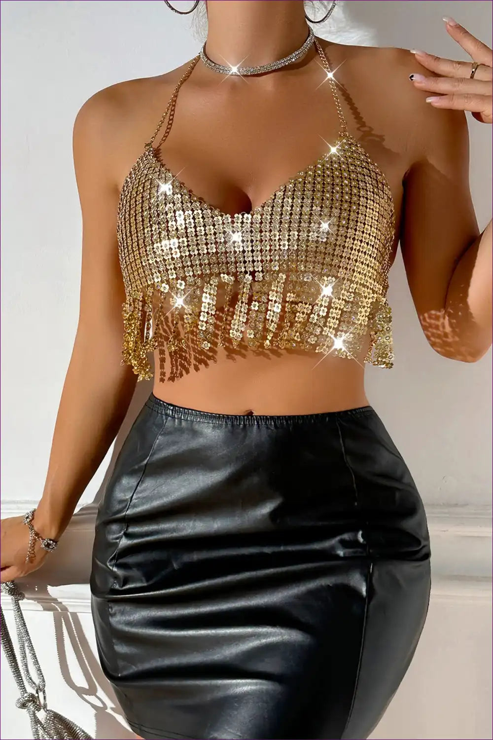 Rhinestone Halter Crop Top with Fringe - Night-out Glam Energy for Backless, Clubwear, Crop, Cutout, Glamour