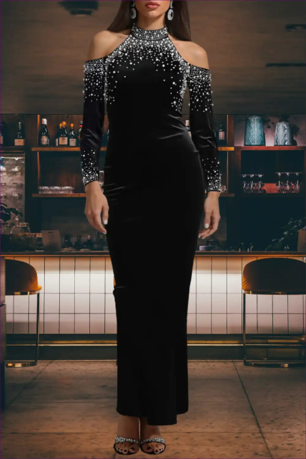 Rhinestone Maxi Dress with Cold Shoulder - Evening Elegance for Bodycon, Evening Wear, Formal Glamour,